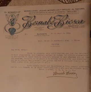 Carta Bernabé Biosca Alicante 1931