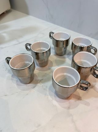 Juego 6 Tazas Espresso Cerámica Plateadas apilable