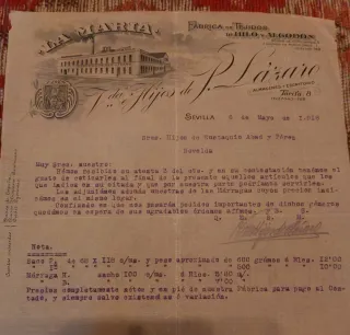 Carta Vda. é Hijos de P. Lázaro Sevilla 1918