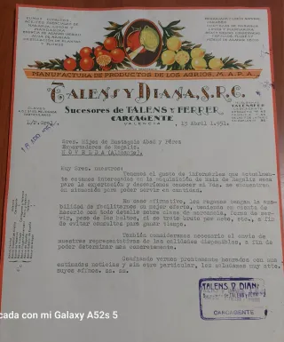 Carta Talens y Diana S.R.C. 1951