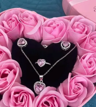 Conjunto Pandora Corazón Rosa y Plata