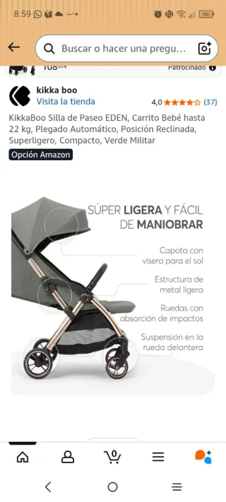 Silla Paseo Kikkaboo Edén Bebé Plegable 22kg