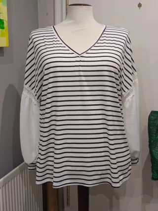 Camiseta Talla Grande Rayas Manga Blanca