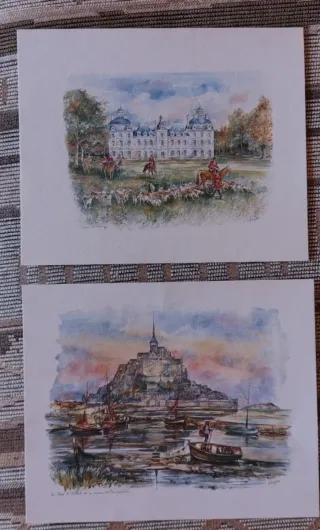 2 Stampe Antiche Caccia e Mont Saint-Michel