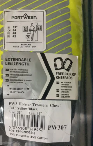 Pantalón Portwest Negro/Amarillo Talla W33 + Rodil