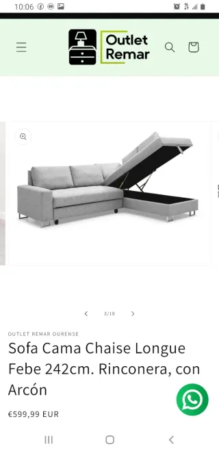 Sofá Cama Chaise Longue Febe, 242cm, con arcon.