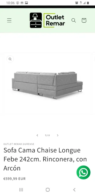 Sofá Cama Chaise Longue Febe, 242cm, con arcon.