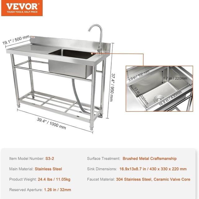 Lavatrice in acciaio inossidabile VEVOR con rubinetto e banco