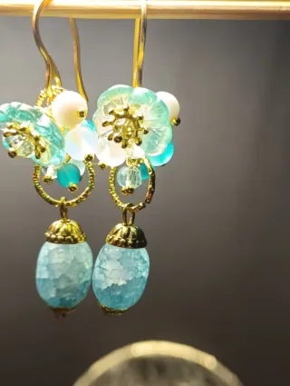 Orecchini fiori Murano giada acciaio celeste