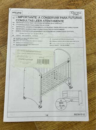 Cuna con ruedas y barrera móvil. Colchón incluido.