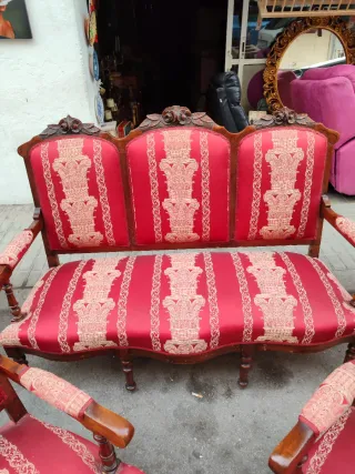Sofá y 2 sillones antiguos madera y tela
