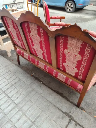 Sofá y 2 sillones antiguos madera y tela