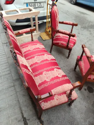 Sofá y 2 sillones antiguos madera y tela