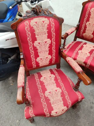 Sofá y 2 sillones antiguos madera y tela