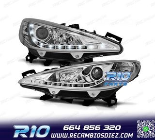 FAROS PEUGEOT 207 06-12 LUZ LED DIURNA FONDO CROMO