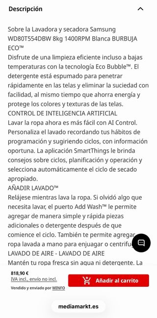 Lavadora Secadora Samsung WD80T554DBW 8kg+5kg