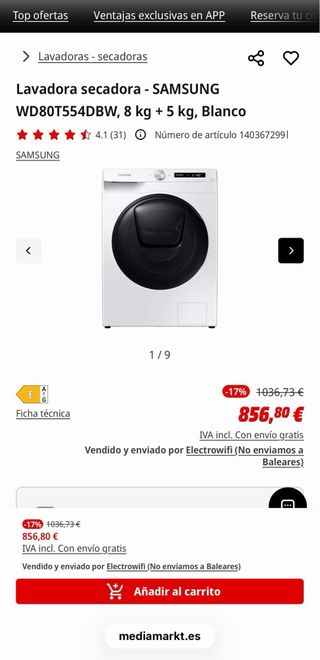 Lavadora Secadora Samsung WD80T554DBW 8kg+5kg