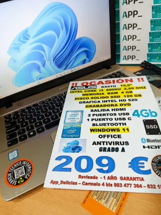 Portátil Asus K541U i3 6006U 4GB RAM 120GB SSD