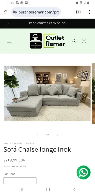 Sofá Chaise Longue Inok Gris.