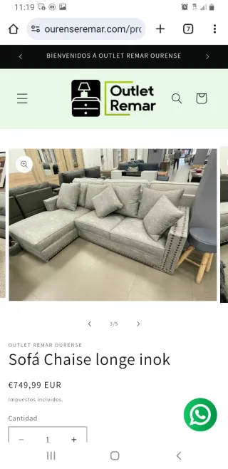 Sofá Chaise Longue Inok Gris.