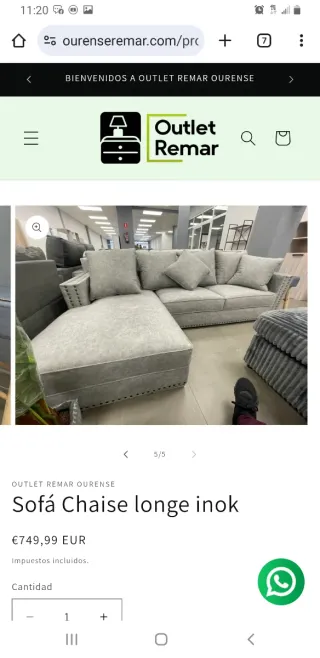 Sofá Chaise Longue Inok Gris.