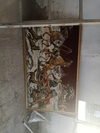 Cuadro antiguo tela escena caza