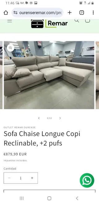 Sofá Chaise Longue Copi Reclinable + 2 Pufs