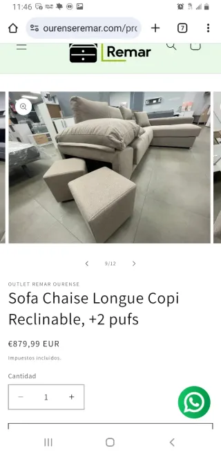 Sofá Chaise Longue Copi Reclinable + 2 Pufs