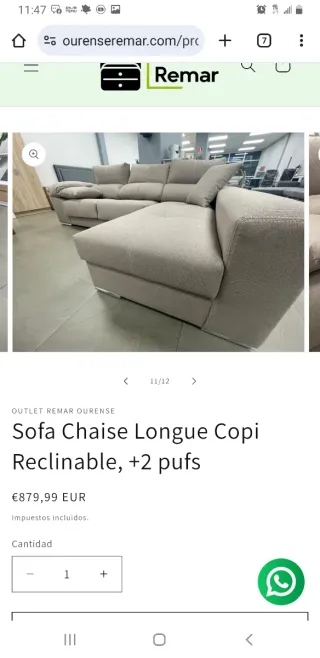 Sofá Chaise Longue Copi Reclinable + 2 Pufs