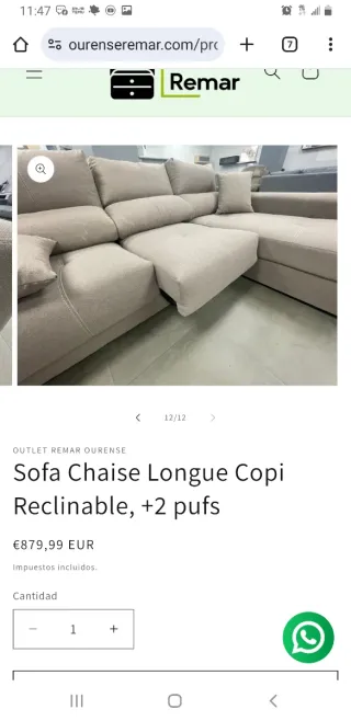 Sofá Chaise Longue Copi Reclinable + 2 Pufs