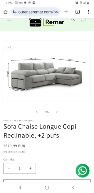 Sofá Chaise Longue Copi Reclinable + 2 Pufs