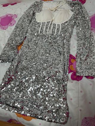 Vestido lentejuelas mujer plata