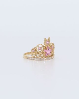 ANILLO CORONA CON CIRCONITAS ROSA. Oro 18k.