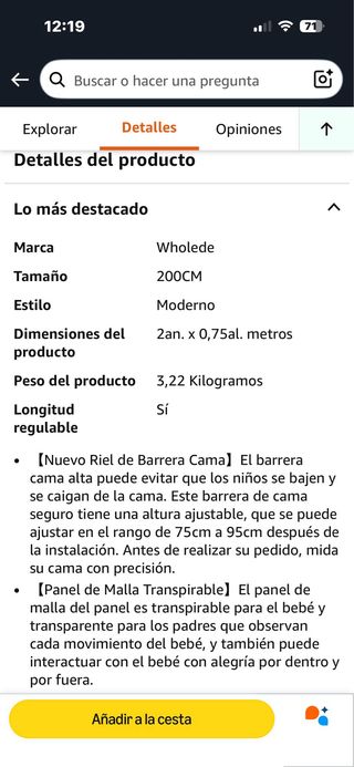 Barrera Cama Matrimonio 200cm