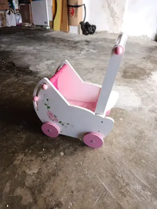 Cochecito Muñecas Madera Flores Rosas
