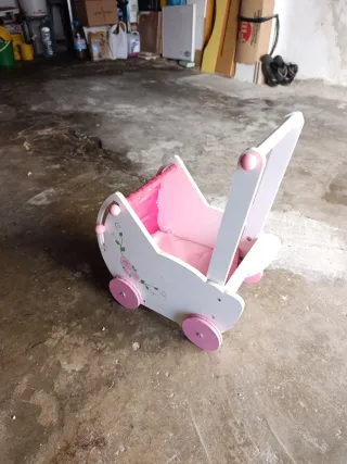 Cochecito Muñecas Madera Flores Rosas