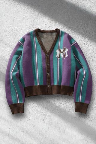 Cardigan a righe viola e verde acqua