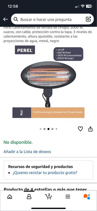 Calefactor Eléctrico Terraza Perel 2000W