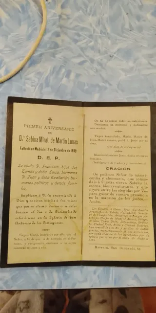 Recordatorio Mortuorio 1899 D. Sabina Mirat