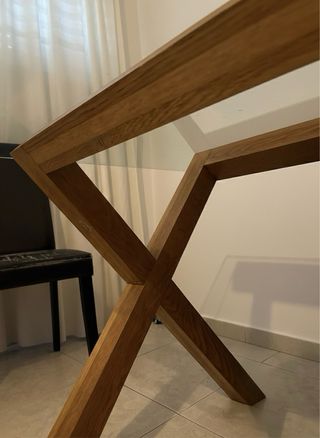 Mesa Jantar Vidro e Pés Cavalete Madeira