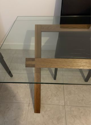 Mesa Jantar Vidro e Pés Cavalete Madeira