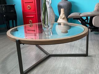 Mesa centro redonda cristal y madera
