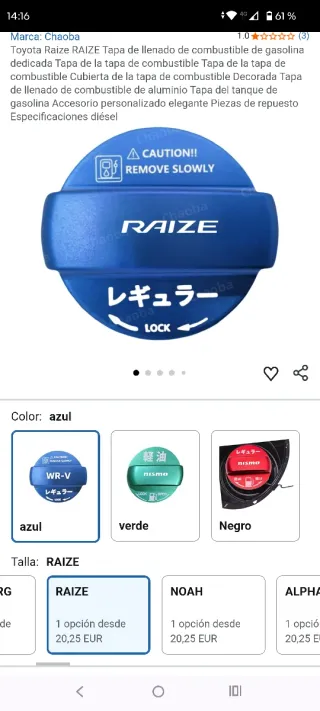 Tapadera Tapa Combustible Toyota Raize Azul