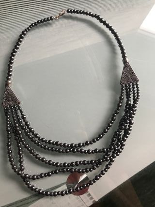 Collar 4 filas perlas negras y plata