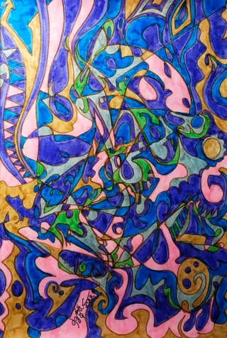 Cuadro abstracto papel azul y rosa