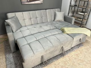 Sofá Cama Chaiselongue Gris Terciopelo