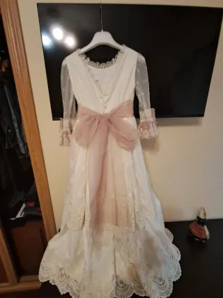 Vestido Comunión Niña Blanco roto y Rosa.
