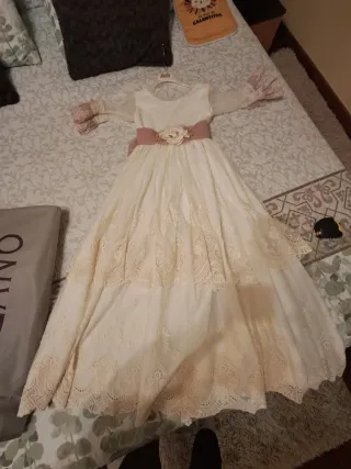 Vestido Comunión Niña Blanco roto y Rosa.