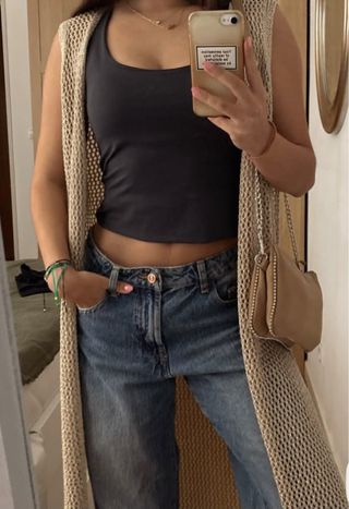 Chaleco largo beige con brillo