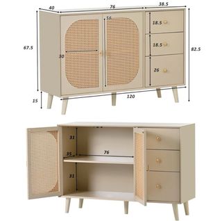 Aparador de madera y ratán beige